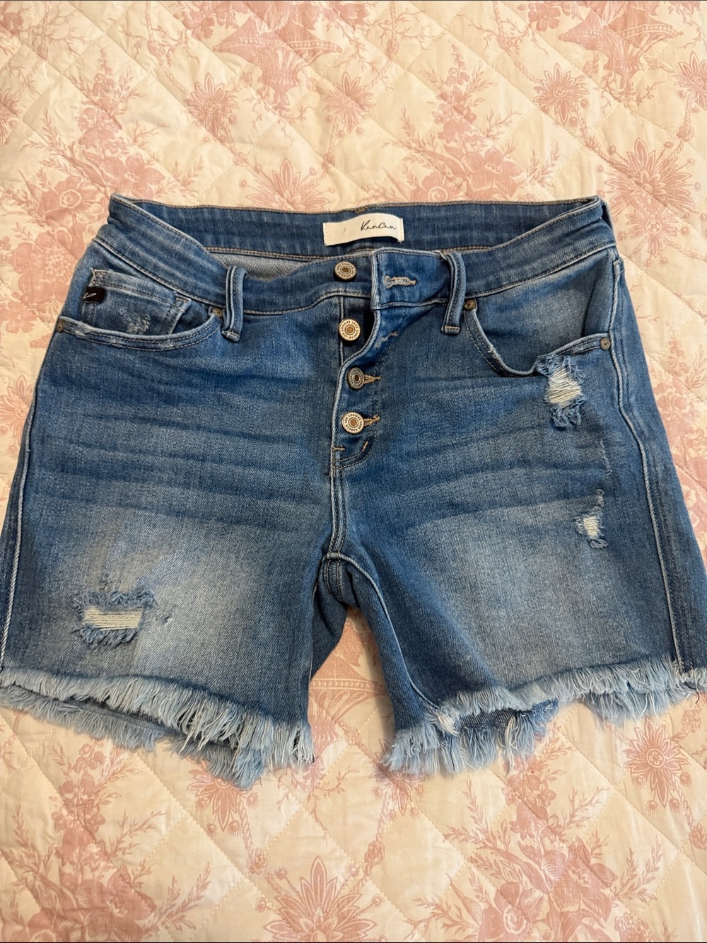 KanCan Women's Blue Distressed Button-Fly Jean Shorts